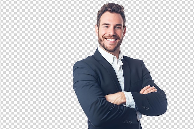Portret biznesmena z krzyżowaną ręką na białym izolowanym tle