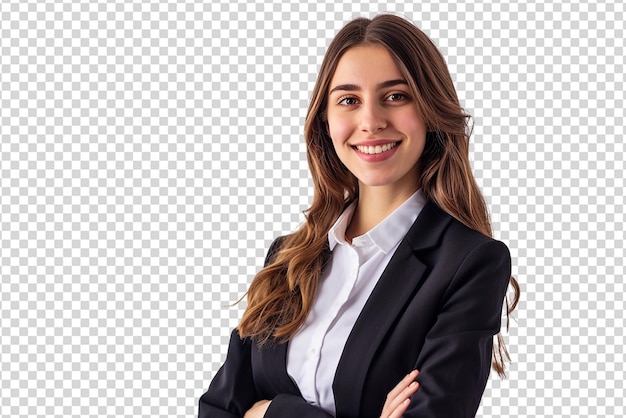 portret bizneswoman z skrzyżowanymi ramionami na białym izolowanym tle
