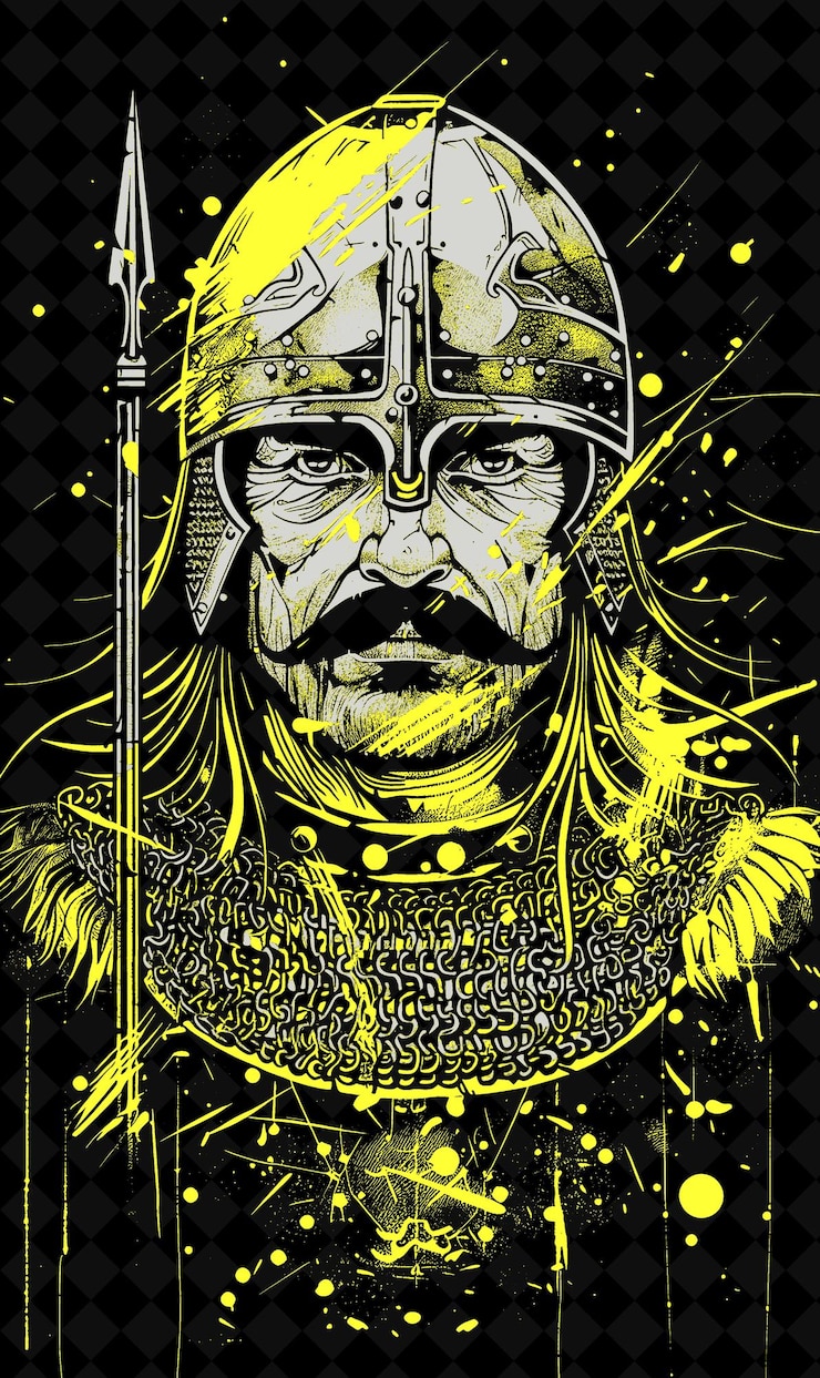 PSD portret burgundijskiego wojownika w hełmie i łańcuchu