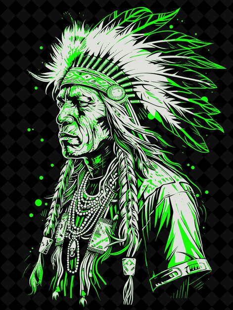 Portret Człowieka Cherokee noszącego tradycyjną piórkową głowicę Vivid Color Design PNG Collections