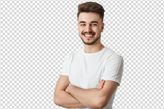 portret człowieka z krzyżowaną ręką na białym izolowanym tle