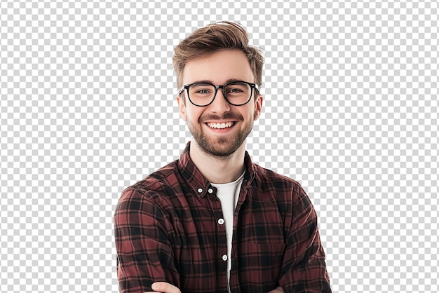 portret człowieka z krzyżowaną ręką na białym izolowanym tle