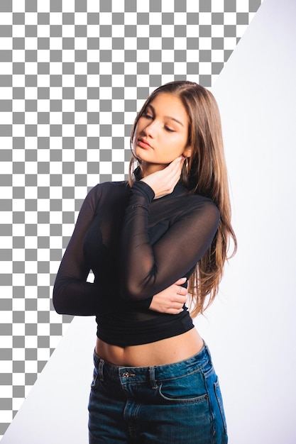 Portret eleganckiej kobiety w czarnym topie i dżinsach