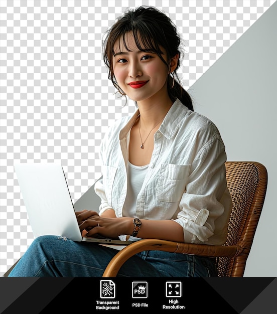 portret gelukkig _ meisje _ met _ laptop zit op een stoel