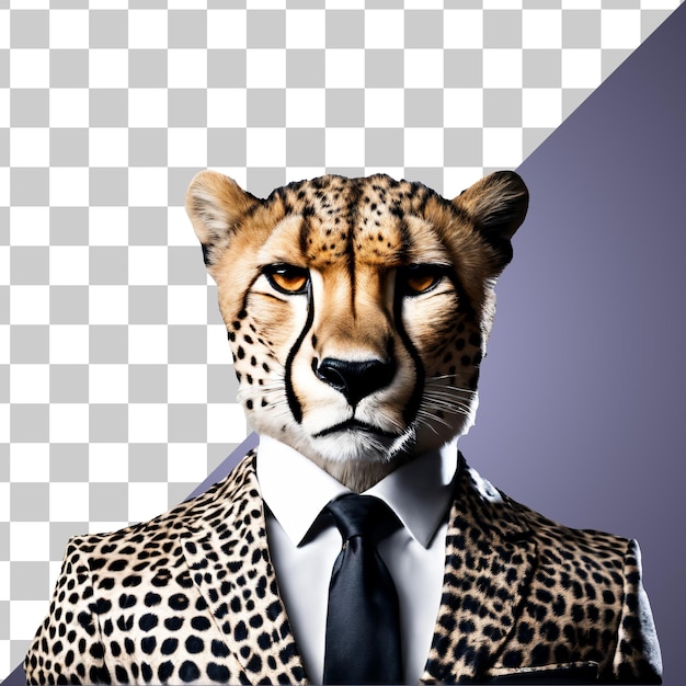 PSD portret humanoidalnego antropomorficznego geparda ubranego w garnitur lamparta na przezroczystym tle