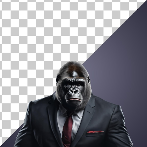 PSD portret humanoidalnego antropomorficznego goryla w garniturze biznesmena izolowany przezroczysty