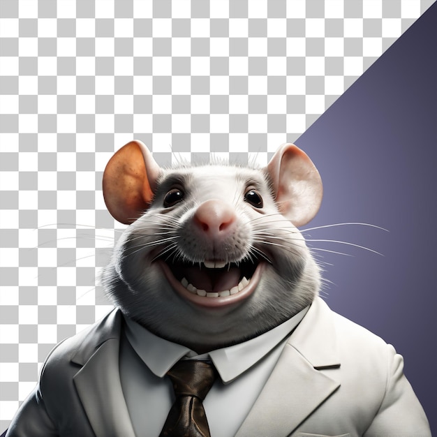 PSD portret humanoidalnego, antropomorficznego, grubego białego szczura ubranego w biały garnitur na przezroczystym tle