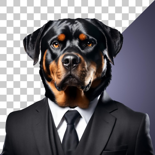 Portret humanoidalnego antropomorficznego psa rottweilera ubranego w czarny garnitur na przezroczystym tle