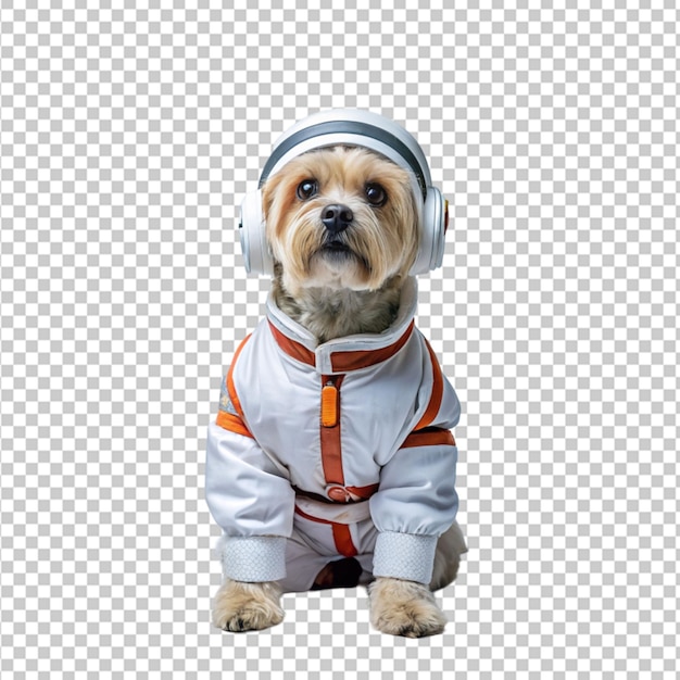 PSD portret humanoidalnego antropomorficznego psa w białym garniturze astronautów izolowany przezroczysty