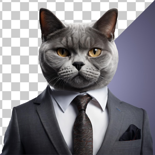 PSD portret humanoidalnego szarego kota brytyjskiego krótkowłosego ubranego w garnitur na przezroczystym tle
