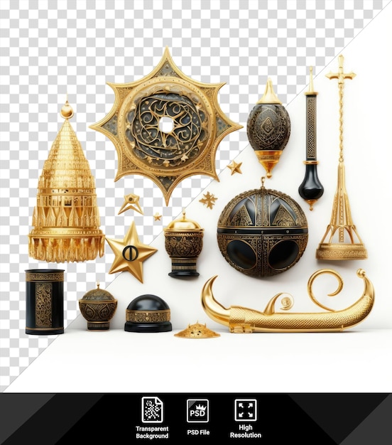 PSD portret islamskie przedmioty księżycowe ustawione złoty zegar złota gwiazda i złoty wazon wyświetlany na białej ścianie