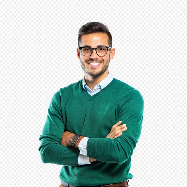 Portret jonge man bruine trui bril kort donker haar zelfverzekerd glimlach armen gekruist