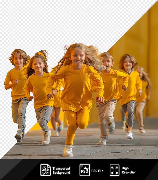 PSD portret kinderen rennen en spelen in het park met een meisje met een geel shirt en grijze broek en een andere met lang blond haar tegen een gele muur png psd