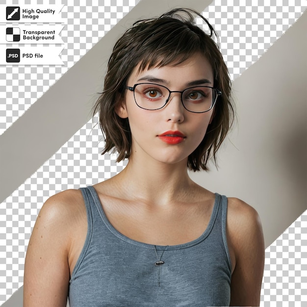PSD portret kobiety z okularami na przezroczystym tle z edytowalną warstwą maski