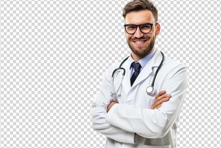 PSD portret lekarza w szlafroku z stetoskopem na białym izolowanym tle