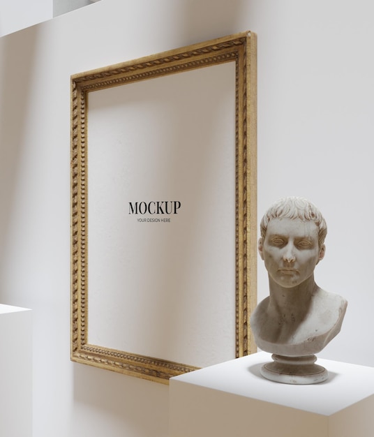 portret makiety klasycznego plakatu z drewnianą ramą pomiędzy posągiem wiszącym w białym muzeum