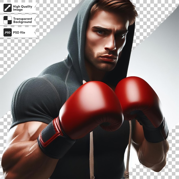 PSD portret młodego bokserka z rękawiczkami na przezroczystym tle z edytowalną warstwą maski