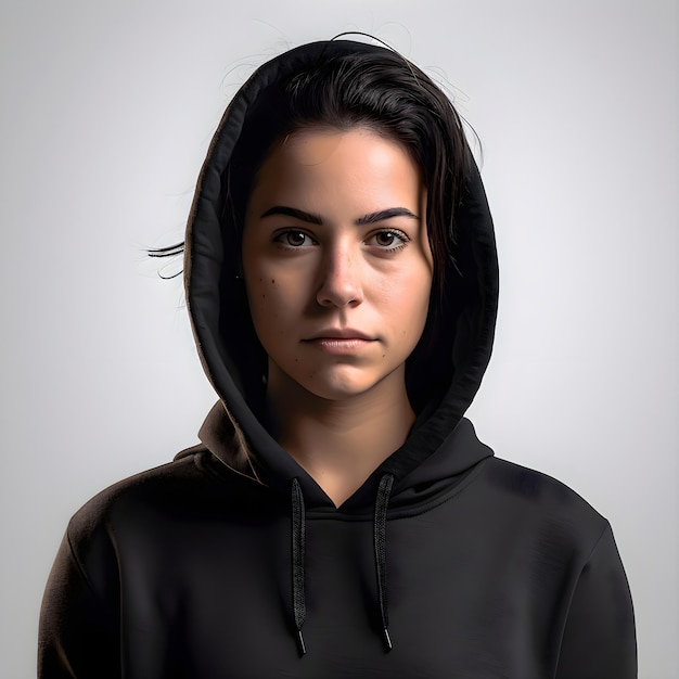 PSD portret młodej kobiety w czarnej bluzie z kapturem