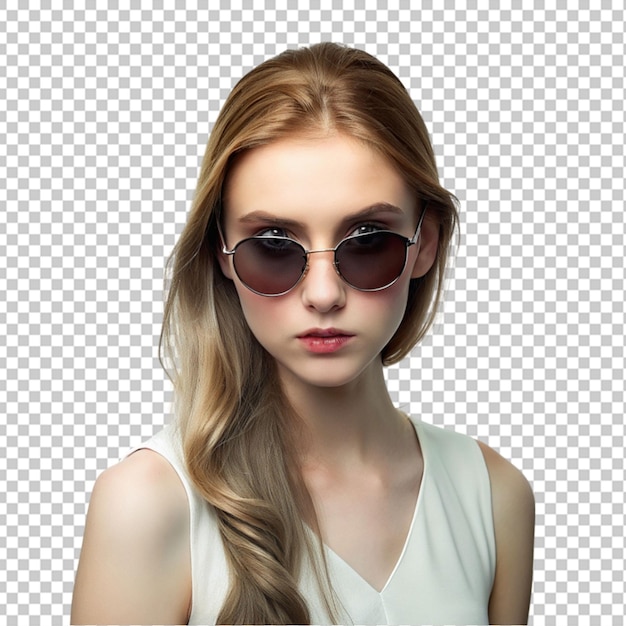 PSD portret młodej kobiety w okularach przeciwsłonecznych na przezroczystym tle