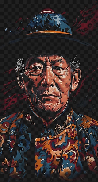PSD portret mongolskiego mężczyzny w tradycyjnym płaszczu deel i koszulce design collage art ink