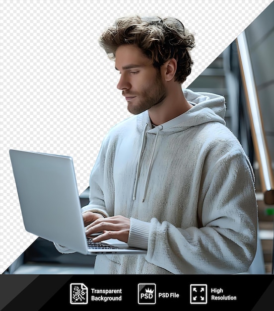 PSD portret mózgu w akcji mężczyzna z kręconymi brązowymi włosami i brązową brodą pracuje na białym laptopie ze srebrnym i białym zamkiem, podczas gdy jego ręka spoczywa na klawiaturze png psd