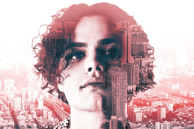 Portret osoby z efektem podwójnej ekspozycji i ziarna