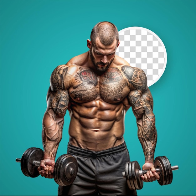 PSD portret pełnego ciała sportowca bez koszuli wykonujący ćwiczenia bicepsa z hamulcami w klubie sportowym
