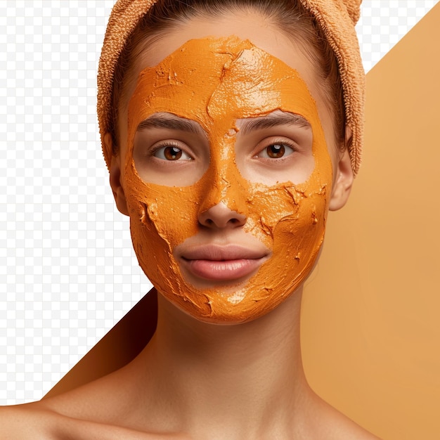 PSD portret piękności kobiety modelki pozującej z pomarańczową glinianą maską na twarzy i patrzącej na kamerę