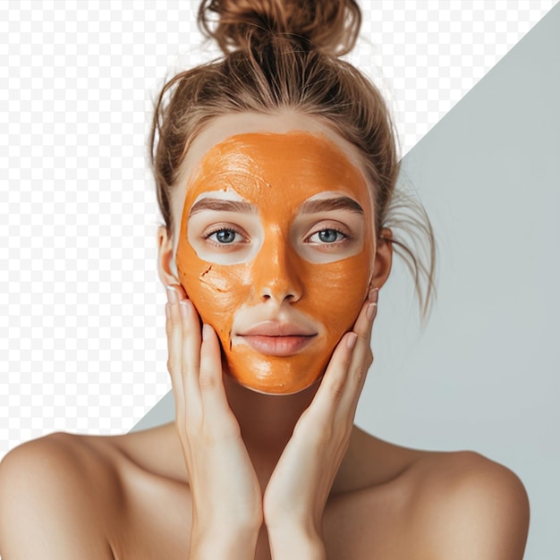Portret Piękności Kobiety Modelki Pozującej Z Pomarańczową Glinianą Maską Na Twarzy I Patrzącej Na Kamerę