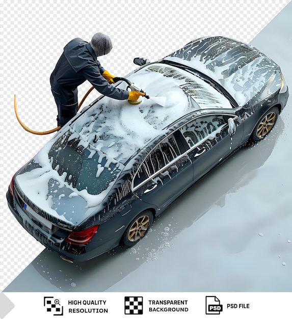 PSD portret pracownika stacji serwisowej myjącego samochód klienta za pomocą profesjonalnego sprzętu png psd