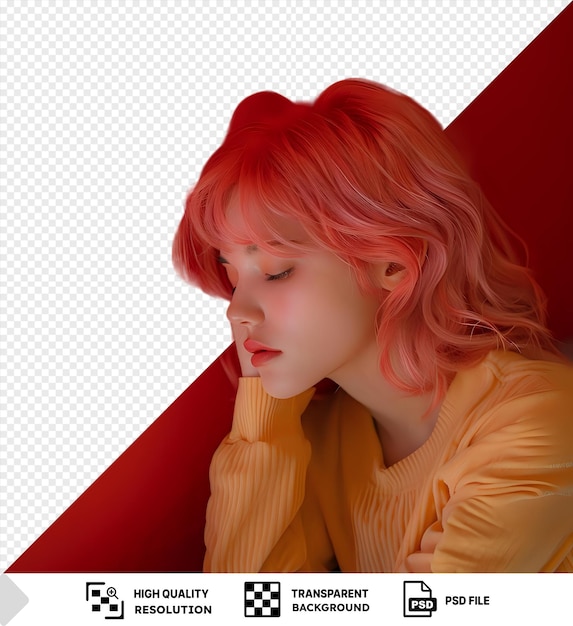 PSD portret rozważnej dziewczyny z różowymi włosami odpoczywającej w sypialni png psd