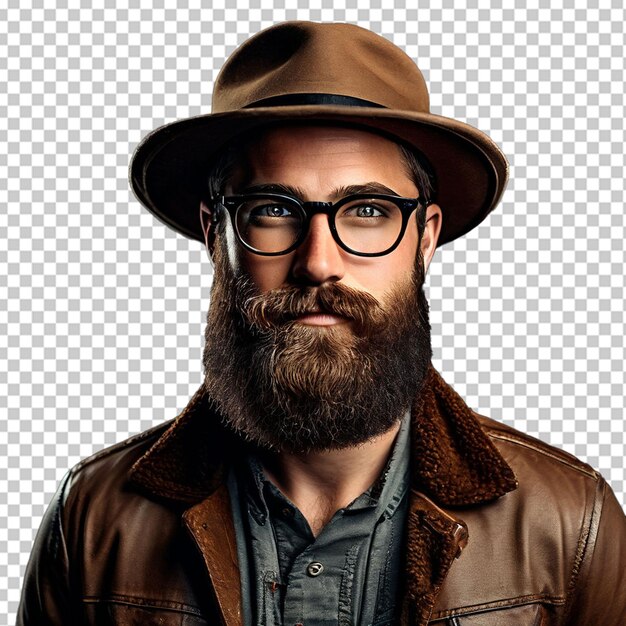 PSD portret śmiejącego się dorosłego mężczyzny w trilby z przerośniętą brodą