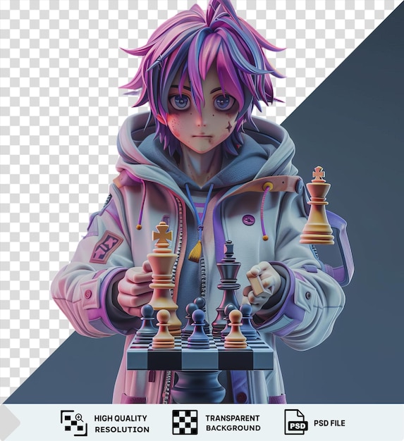 PSD portret sora van no game no life met een roze en paarse jas en paarse haar met een witte hand zichtbaar op de voorgrond