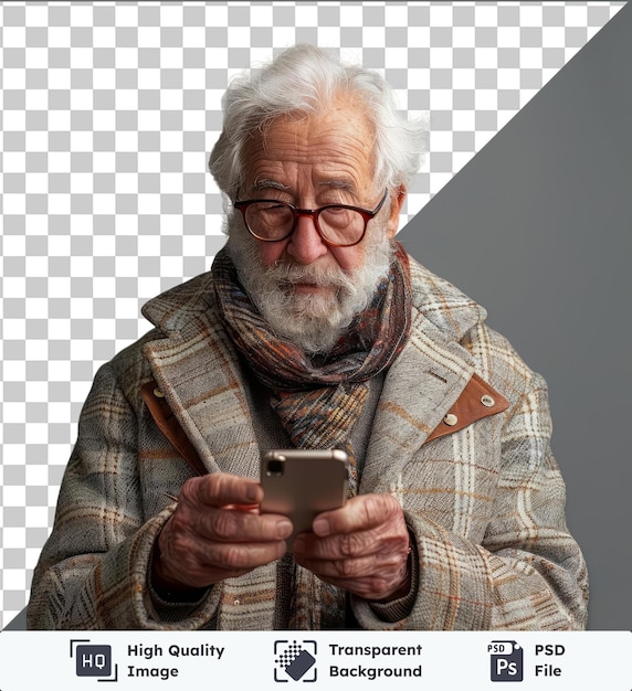 Portret Starszego Mężczyzny Używającego Apprehension Na Telefonie Komórkowym Pisanie Wiadomości Odizolowane Na Szarym Tle