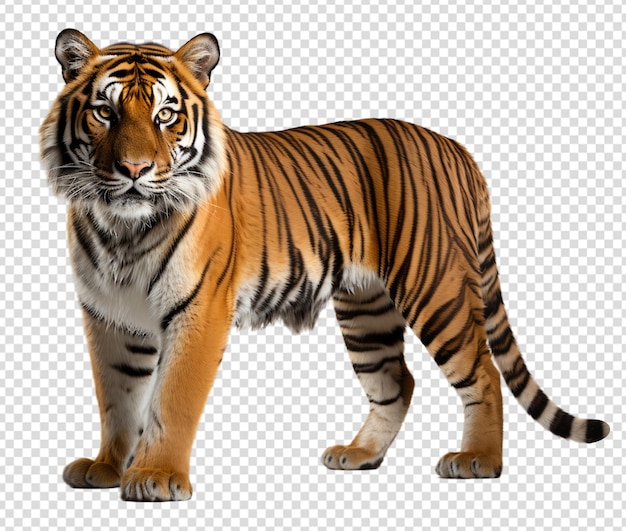 PSD portret stojącego zwierzęcia tygrysa widzianego z boku odizolowanego na przezroczystej tle