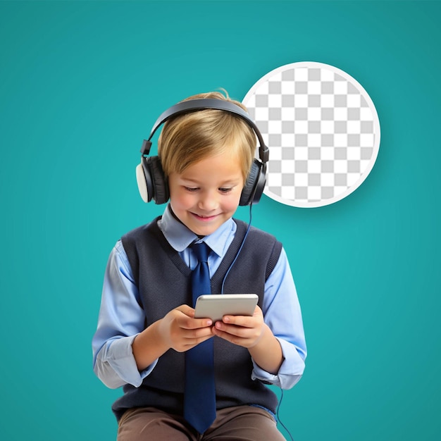 Portret Uśmiechniętego Chłopca Z Białymi Słuchawkami Na Głowie Trzymającego Smartfon W Ręku