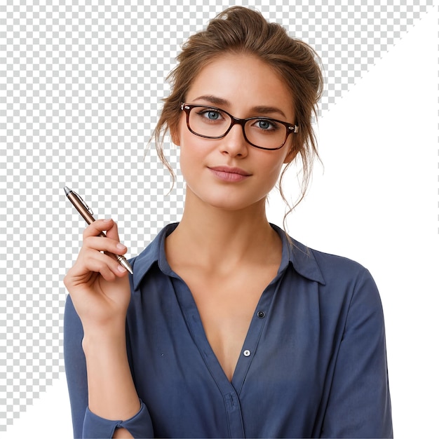 Portret uśmiechniętej bizneswoman trzymającej pióro i noszącej okulary