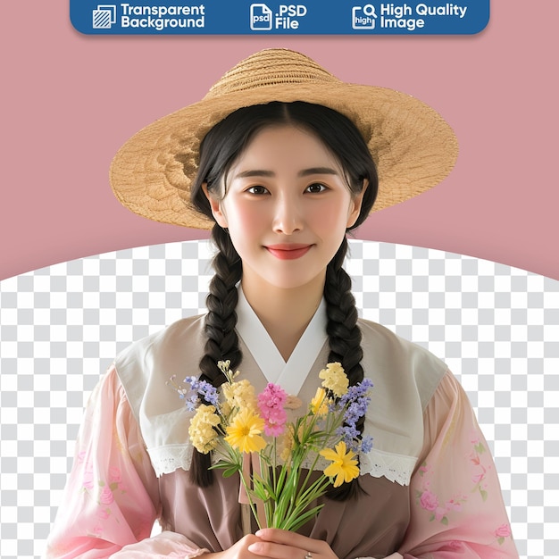 PSD portret uśmiechniętej młodej azjatyckiej kobiety trzymającej kwiat i noszącej sukienkę i kapelusz