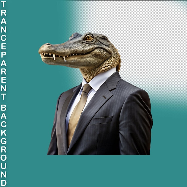 Portret van een alligator die een zakelijk pak draagt op een doorzichtige achtergrond