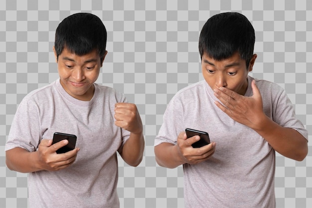 Portret van een Aziatische man met een smartphone Menselijke emotie gezichtsuitdrukking