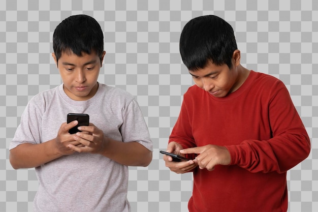 Portret van een Aziatische man met een smartphone Menselijke emotie gezichtsuitdrukking