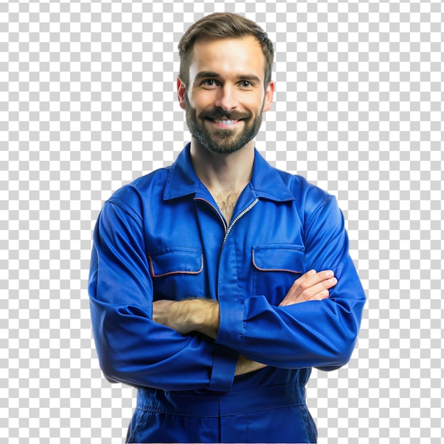 PSD portret van een blanke monteur in een blauwe jumpsuit geïsoleerd op een doorzichtige achtergrond