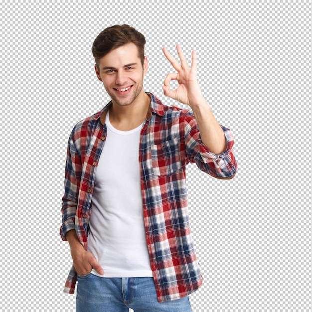 Portret van een gelukkige jonge man met een ok gebaar