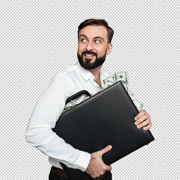 Portret van een gelukkige rijke zakenman met een koffer vol dollarbiljetten en terugkijkend geïsoleerd over donkergrijs