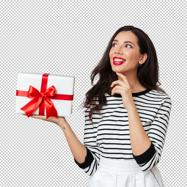 Portret van een glimlachende vrouw met een geschenkkist