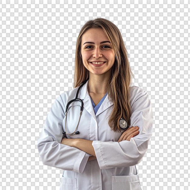 Portret van een glimlachende vrouwelijke arts geïsoleerd op een doorzichtige achtergrond