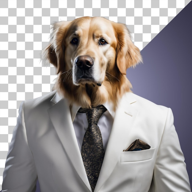 PSD portret van een humanoïde golden retriever-hond die een wit pak draagt, geïsoleerd transparant