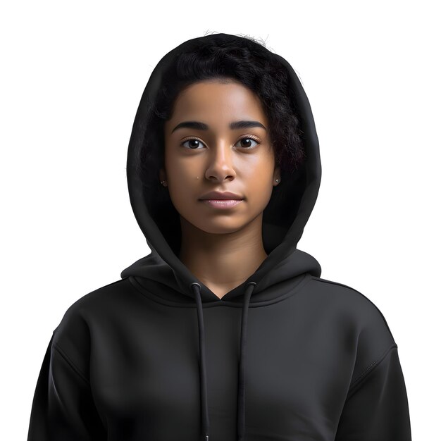 PSD portret van een jonge afro-amerikaanse vrouw in een zwarte capuchon geïsoleerd op een witte achtergrond