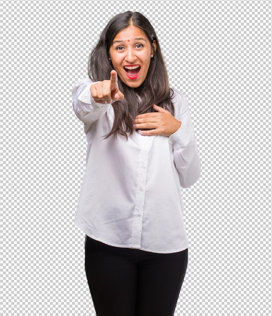 Portret van een jonge Indische vrouw die, en een andere, concept spot bespotten en ongecontroleerd schreeuwen lachen