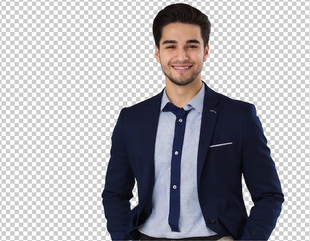 Portret van een jonge zakenman die lacht naar de camera terwijl hij staat